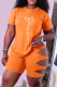 Orange Fashion Casual Print Hollowed Out O Neck Short Sleeve Two Pieces