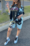 Blue Casual Patchwork Tie-dye O Neck Short Sleeve Two Pieces