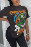 Dark Gray Casual Street Print Patchwork O Neck T-Shirts