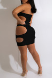 Black Sexy Solid Bandage Hollowed Out Split Joint Strapless Dresses