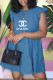Blue Fashion Casual Print Letter O Neck Princess Dresses