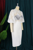 White Fashion Sexy Solid Hollowed Out Patchwork Slit O Neck Pencil Skirt Dresses