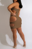 Apricot Sexy Solid Bandage Hollowed Out Split Joint Strapless Dresses