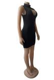 Blue Fashion Sexy Solid Hollowed Out Turtleneck Sleeveless Dress