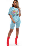 Powder blue knit Fashion Sexy adult Ma'am Patchwork Print Character Two Piece Suits Straight Short Sleeve Two Pieces
