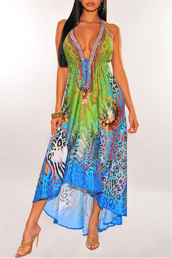 Turquoise Fashion Sexy Print Bandage Backless Spaghetti Strap Long Dress