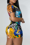 Blue Street Print Graffiti Patchwork Zipper Collar Regular Rompers