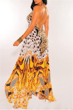 Turquoise Fashion Sexy Print Bandage Backless Spaghetti Strap Long Dress