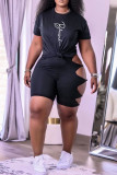 Blue Fashion Casual Print Hollowed Out O Neck Short Sleeve Two Pieces