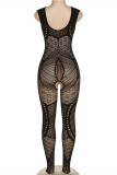 Black Fashion Sexy Solid Patchwork See-through O Neck Skinny Jumpsuits