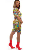Powder blue knit Fashion Sexy adult Ma'am Patchwork Print Character Two Piece Suits Straight Short Sleeve Two Pieces