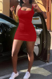 Red Casual Solid Patchwork U Neck Pencil Skirt Dresses