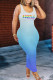 Light Blue Fashion Casual Gradual Change Print Basic U Neck Vest Dress