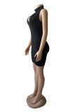 Blue Fashion Sexy Solid Hollowed Out Turtleneck Sleeveless Dress