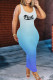 Light Blue Fashion Casual Gradual Change Letter Print Basic U Neck Vest Dress