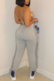 Pink Sexy Solid Tassel Patchwork Halter Sleeveless Two Pieces