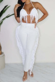 Pink Sexy Solid Tassel Patchwork Halter Sleeveless Two Pieces