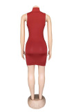 Blue Fashion Sexy Solid Hollowed Out Turtleneck Sleeveless Dress
