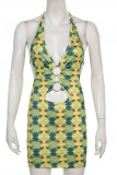 Green Fashion Sexy Print Hollowed Out Backless Halter Sleeveless Dress