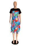 Multicolor Fashion Casual Print Patchwork O Neck Short Sleeve Dress