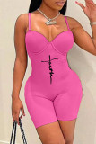Pink Sexy Casual Print Backless Spaghetti Strap Skinny Romper