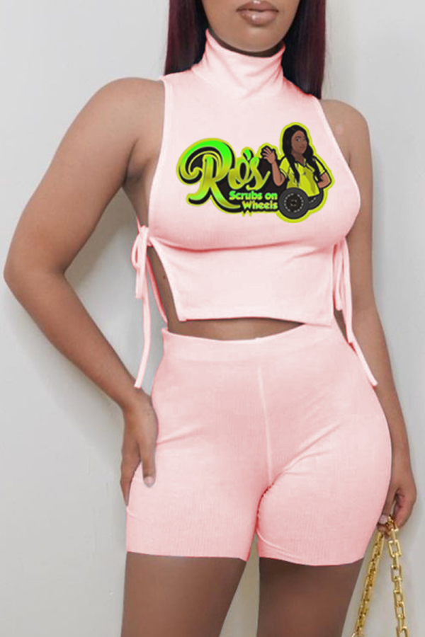 Pink Sexy Print Draw String Turtleneck Sleeveless Two Pieces