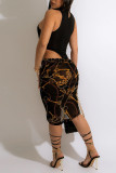 Black Sexy Solid Hollowed Out Patchwork O Neck Sleeveless Two Pieces