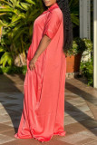 Watermelon Red Casual Solid Patchwork Turndown Collar Loose Jumpsuits