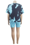 Blue Casual Patchwork Tie-dye O Neck Short Sleeve Two Pieces