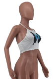 White Sexy Butterfly Print Patchwork Halter Tops