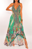 Turquoise Fashion Sexy Print Bandage Backless Spaghetti Strap Long Dress