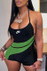 Green Fashion Sportswear Patchwork See-through Spaghetti Strap Rompers