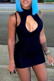 Blue Fashion Sexy Solid Hollowed Out Turtleneck Sleeveless Dress