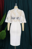 White Fashion Sexy Solid Hollowed Out Patchwork Slit O Neck Pencil Skirt Dresses