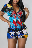 Blue Street Print Graffiti Patchwork Zipper Collar Regular Rompers