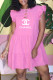 Rose Red Fashion Casual Print Letter O Neck Princess Dresses