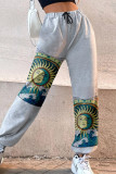 Grey Fashion Casual Print Basic Regular High Waist Trousers
