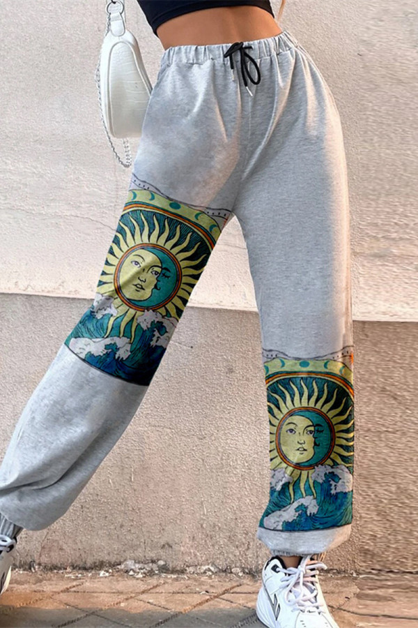 Grey Fashion Casual Print Basic Regular High Waist Trousers