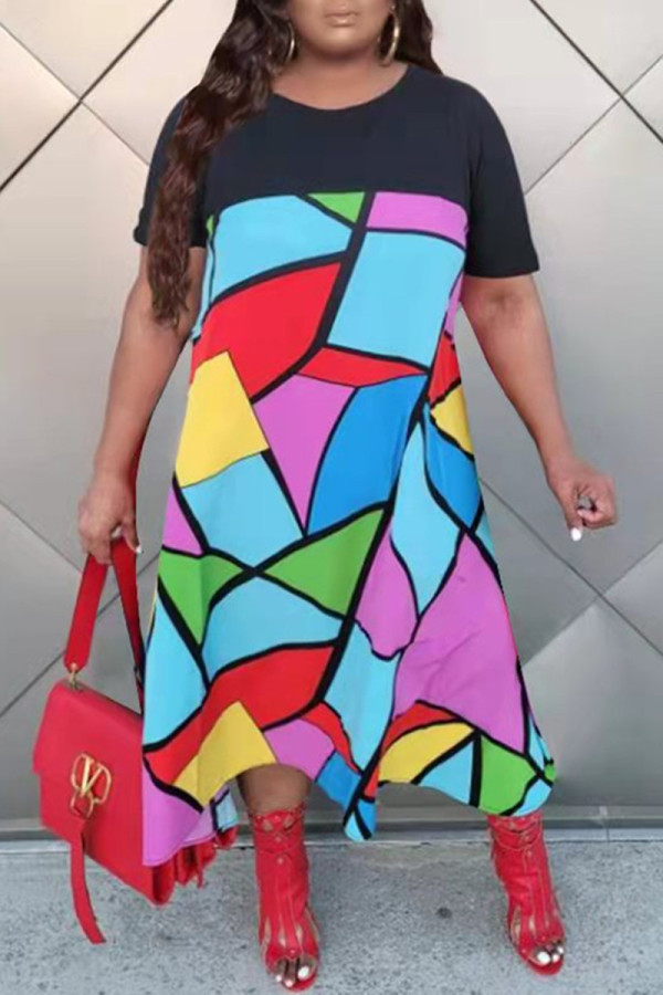 Multicolor Fashion Casual Print Patchwork O Neck Short Sleeve Dress