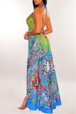 Turquoise Fashion Sexy Print Bandage Backless Spaghetti Strap Long Dress