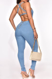 Blue Fashion Casual Solid Patchwork Backless Spaghetti Strap Skinny Jumpsuits