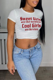 White Fashion Casual Letter Print Basic O Neck T-Shirts