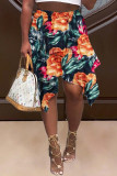 Green Fashion Casual Print Asymmetrical Regular High Waist Skirt