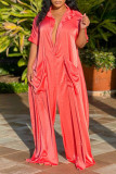 Watermelon Red Casual Solid Patchwork Turndown Collar Loose Jumpsuits