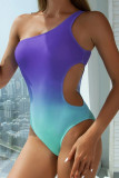 Yellow Casual Gradual Change Print Hollowed Out Patchwork Swimwears