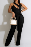 Black Sexy Solid Hollowed Out One Shoulder Straight Jumpsuits