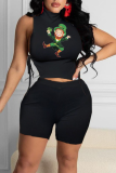 Pink Fashion Print Patchwork Turtleneck Sleeveless Two Pieces