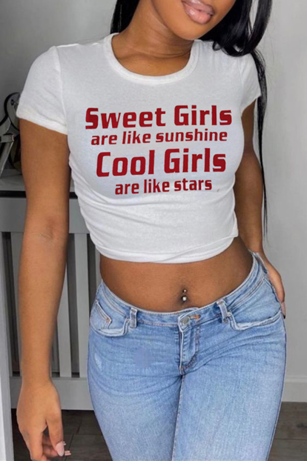 White Fashion Casual Letter Print Basic O Neck T-Shirts
