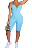 Light Blue Fashion Casual Solid zipper Sleeveless Slip Rompers