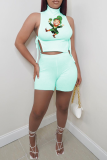Pink Fashion Print Patchwork Turtleneck Sleeveless Two Pieces